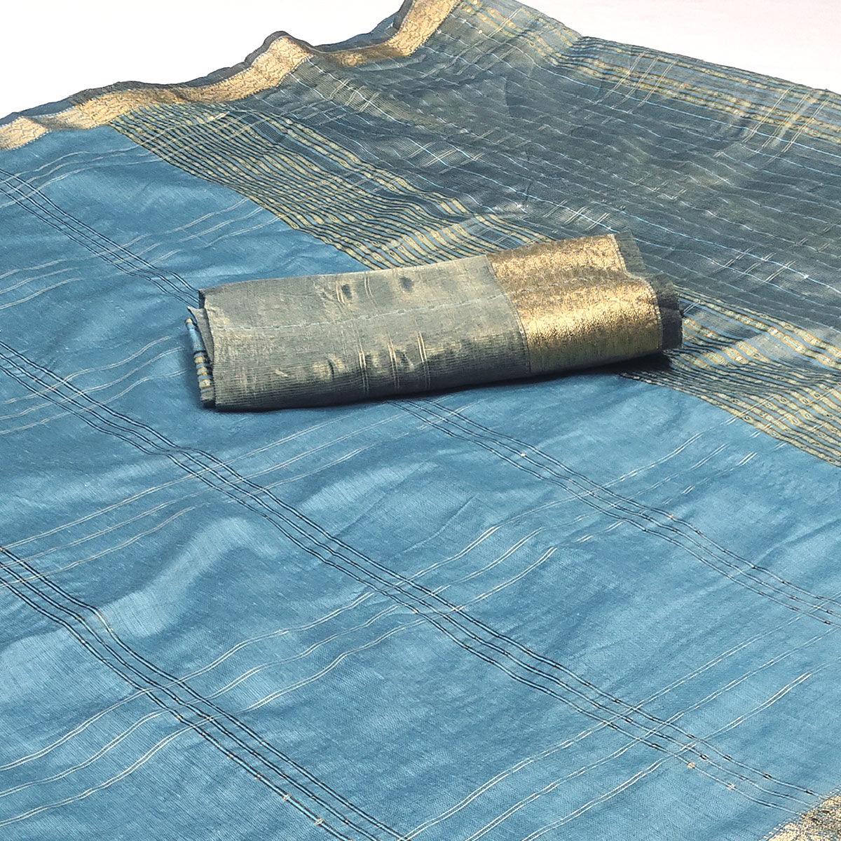 Blue Woven-Sequins Work Chanderi Saree