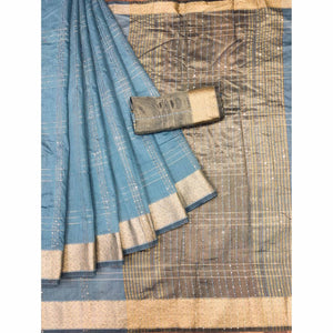 Blue Woven-Sequins Work Chanderi Saree