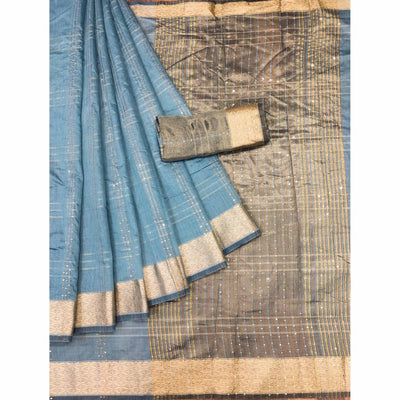 Blue Woven-Sequins Work Chanderi Saree