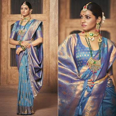 Blue Woven Silk Saree With Tassels