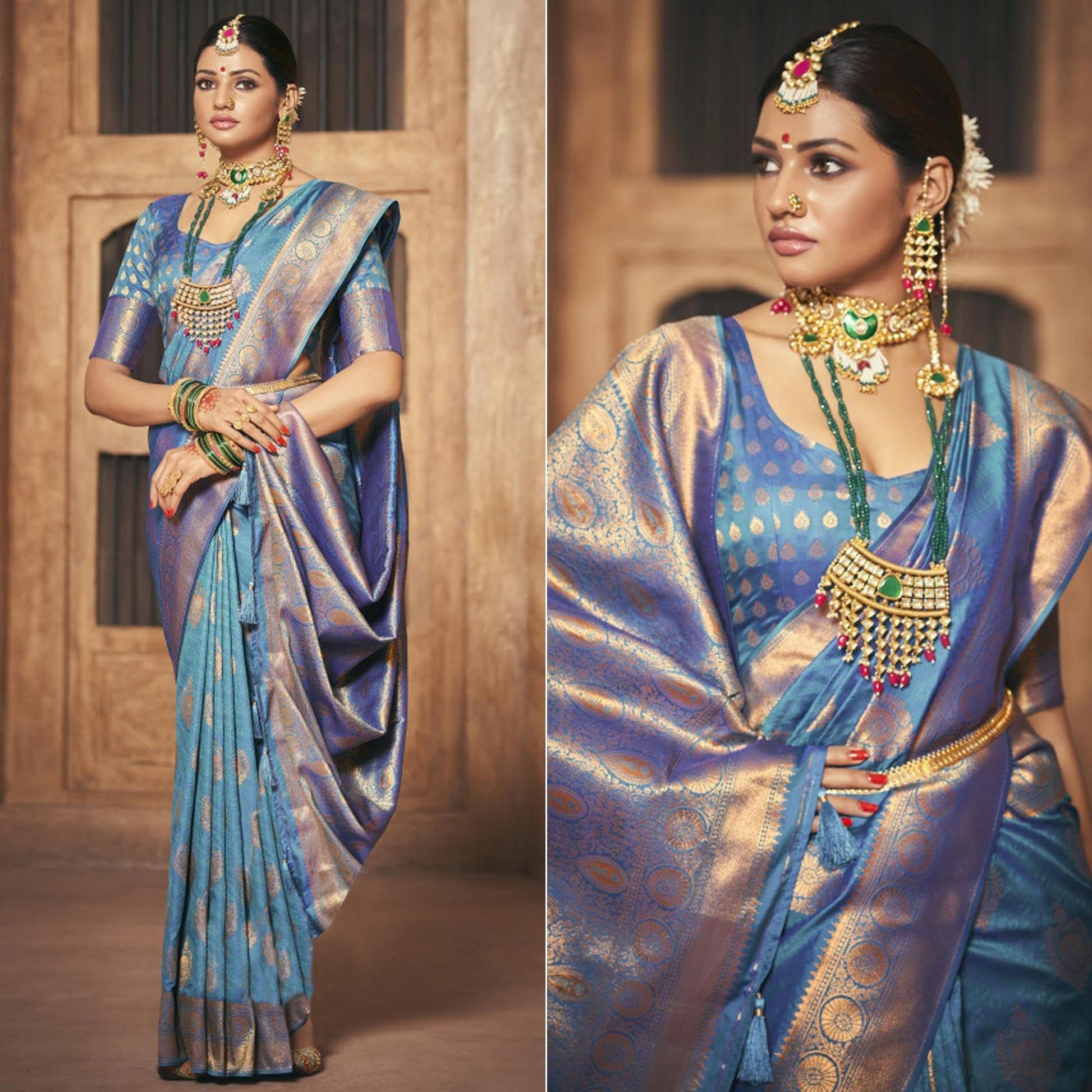 Blue Woven Silk Saree With Tassels
