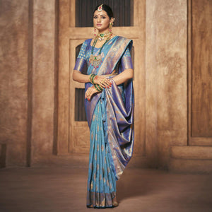 Blue Woven Silk Saree With Tassels