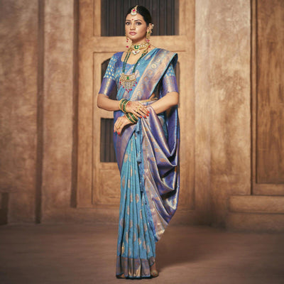 Blue Woven Silk Saree With Tassels