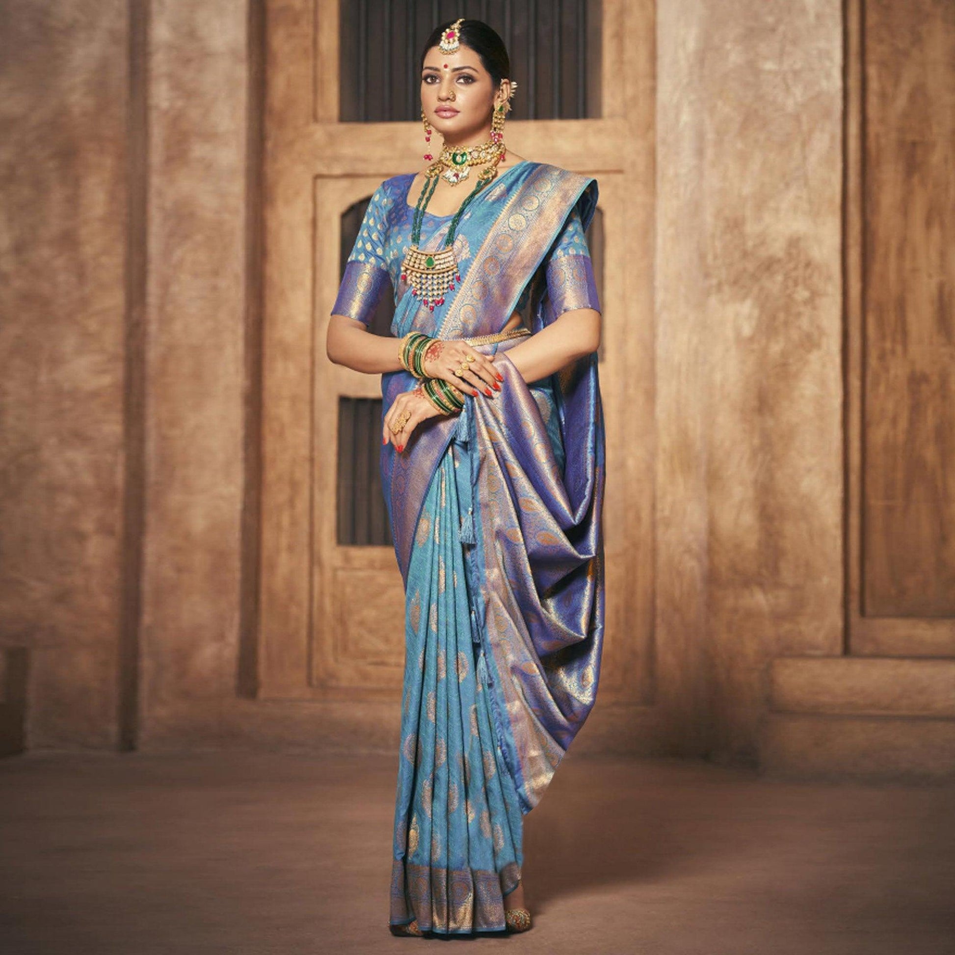Blue Woven Silk Saree With Tassels