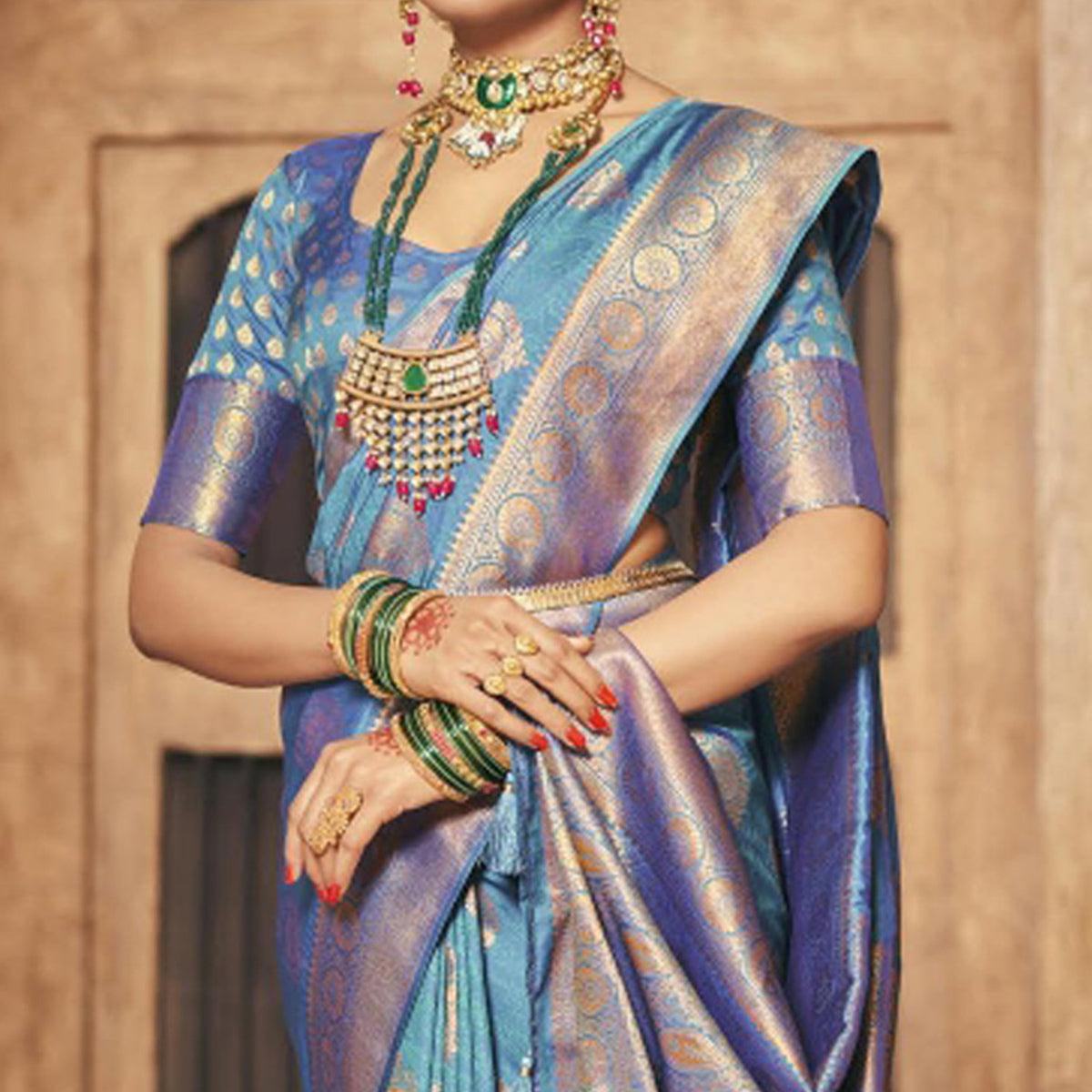 Blue Woven Silk Saree With Tassels