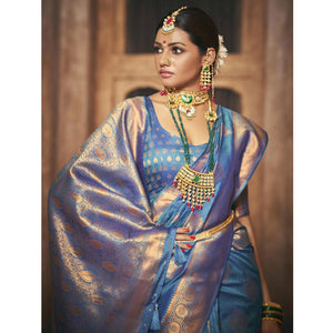Blue Woven Silk Saree With Tassels