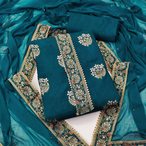Blue Woven With Embellished Jacquard Dress Material