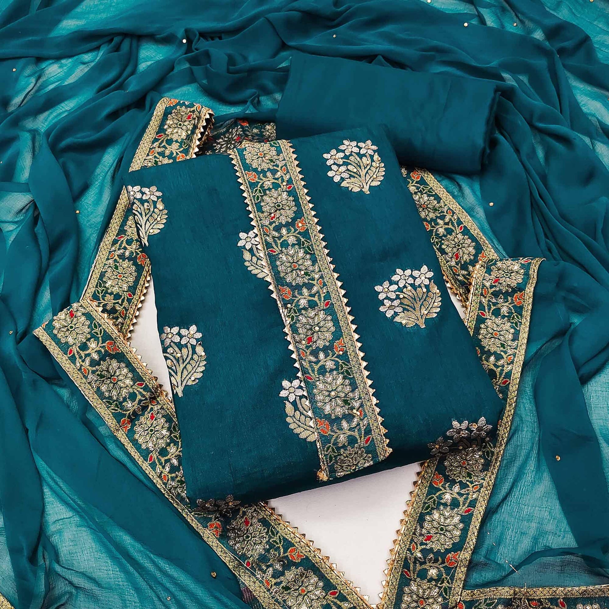 Blue Woven With Embellished Jacquard Dress Material