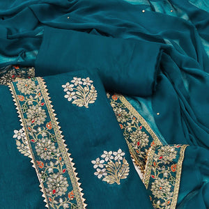 Blue Woven With Embellished Jacquard Dress Material