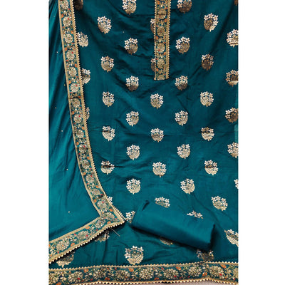 Blue Woven With Embellished Jacquard Dress Material