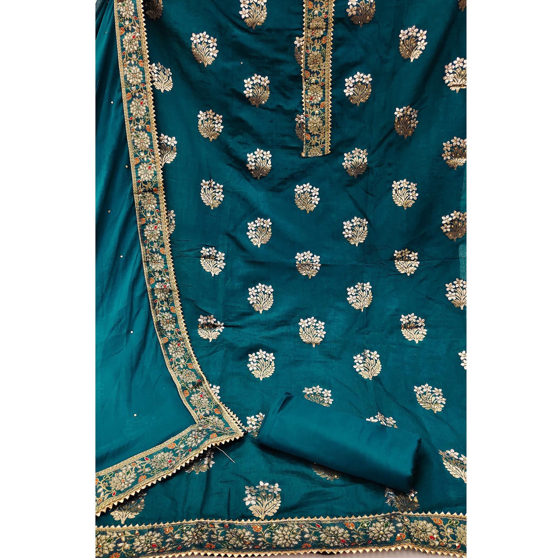Blue Woven With Embellished Jacquard Dress Material