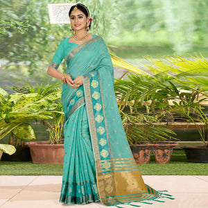 Blue Woven With Embellished Organza Saree With Tassels