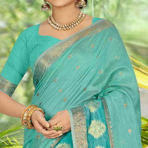 Blue Woven With Embellished Organza Saree With Tassels