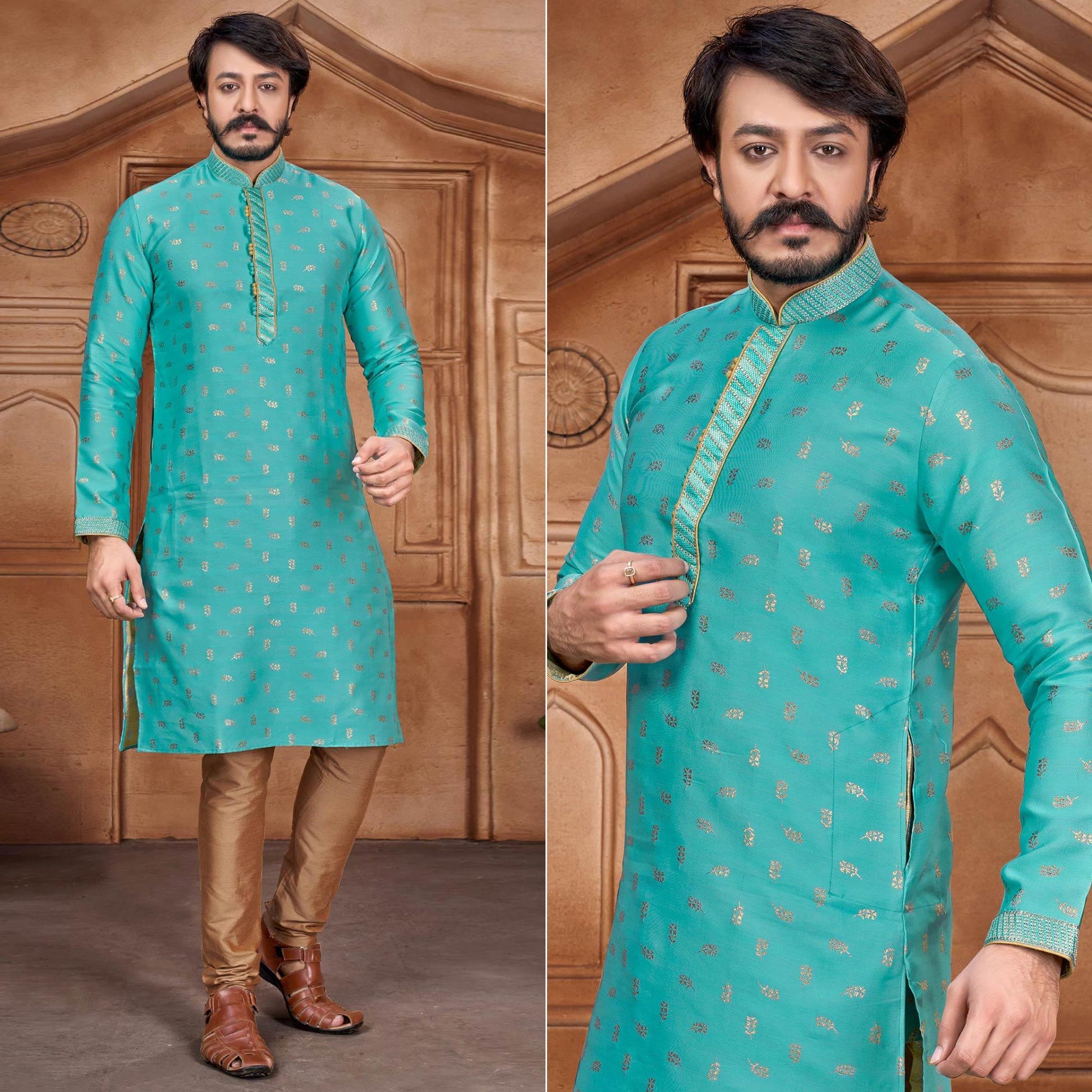 Blue Woven Jacquard Kurta Pyjama Set