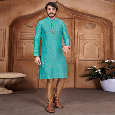 Blue Woven Jacquard Kurta Pyjama Set