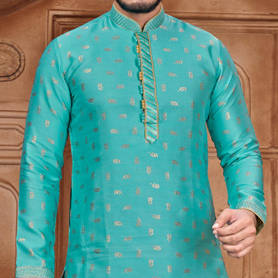 Blue Woven Jacquard Kurta Pyjama Set
