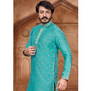 Blue Woven Jacquard Kurta Pyjama Set