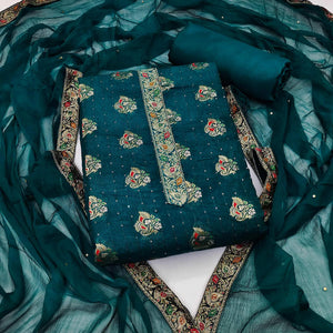 Blue Woven With Sequins Art Silk Dress Material