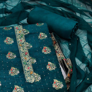 Blue Woven With Sequins Art Silk Dress Material