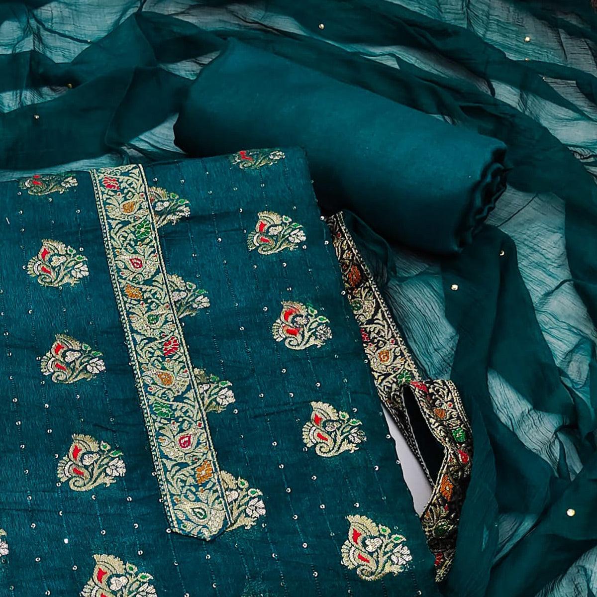 Blue Woven With Sequins Art Silk Dress Material
