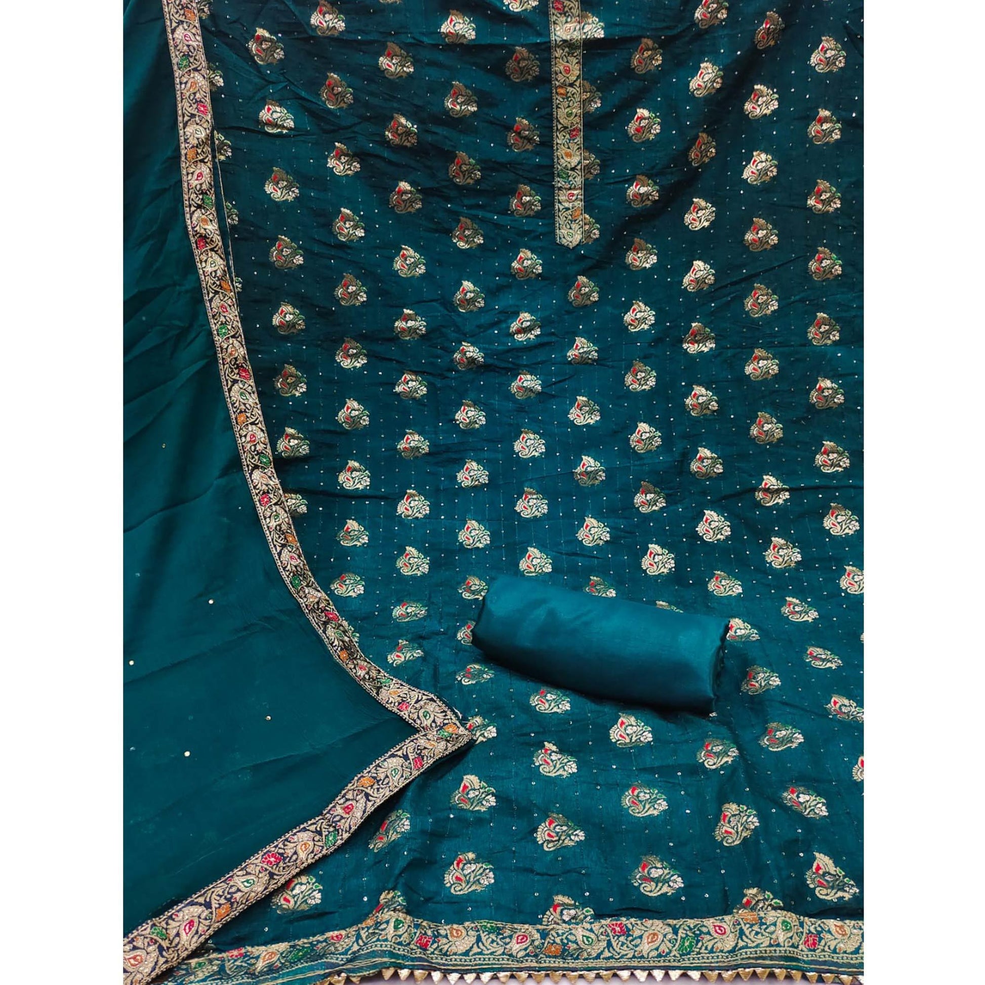 Blue Woven With Sequins Art Silk Dress Material
