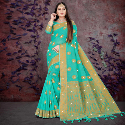 Blue Woven With Swarovski Cotton Silk Saree