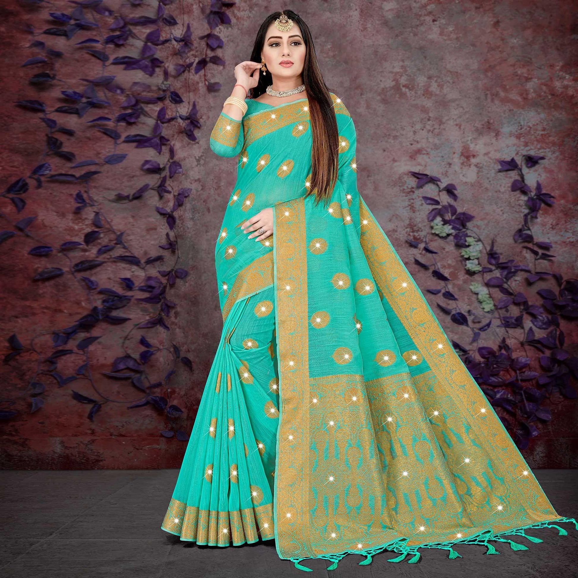 Blue Woven With Swarovski Cotton Silk Saree