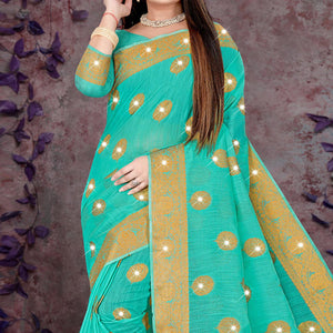 Blue Woven With Swarovski Cotton Silk Saree