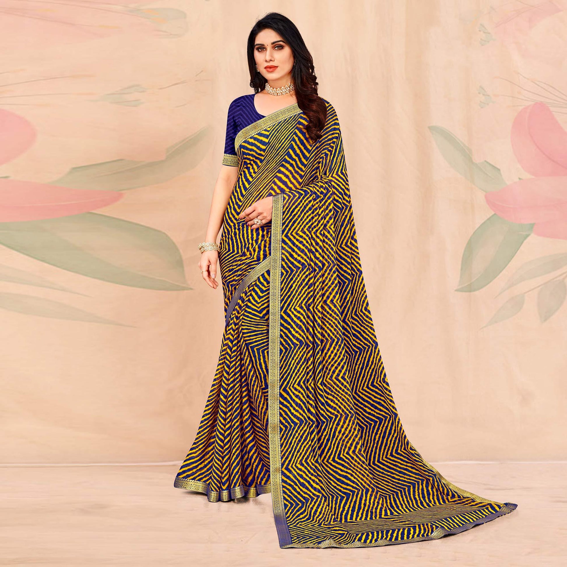Blue-Yellow Geometric Printed Chiffon Saree