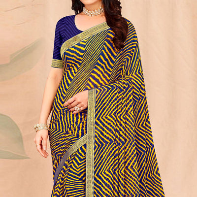 Blue-Yellow Geometric Printed Chiffon Saree