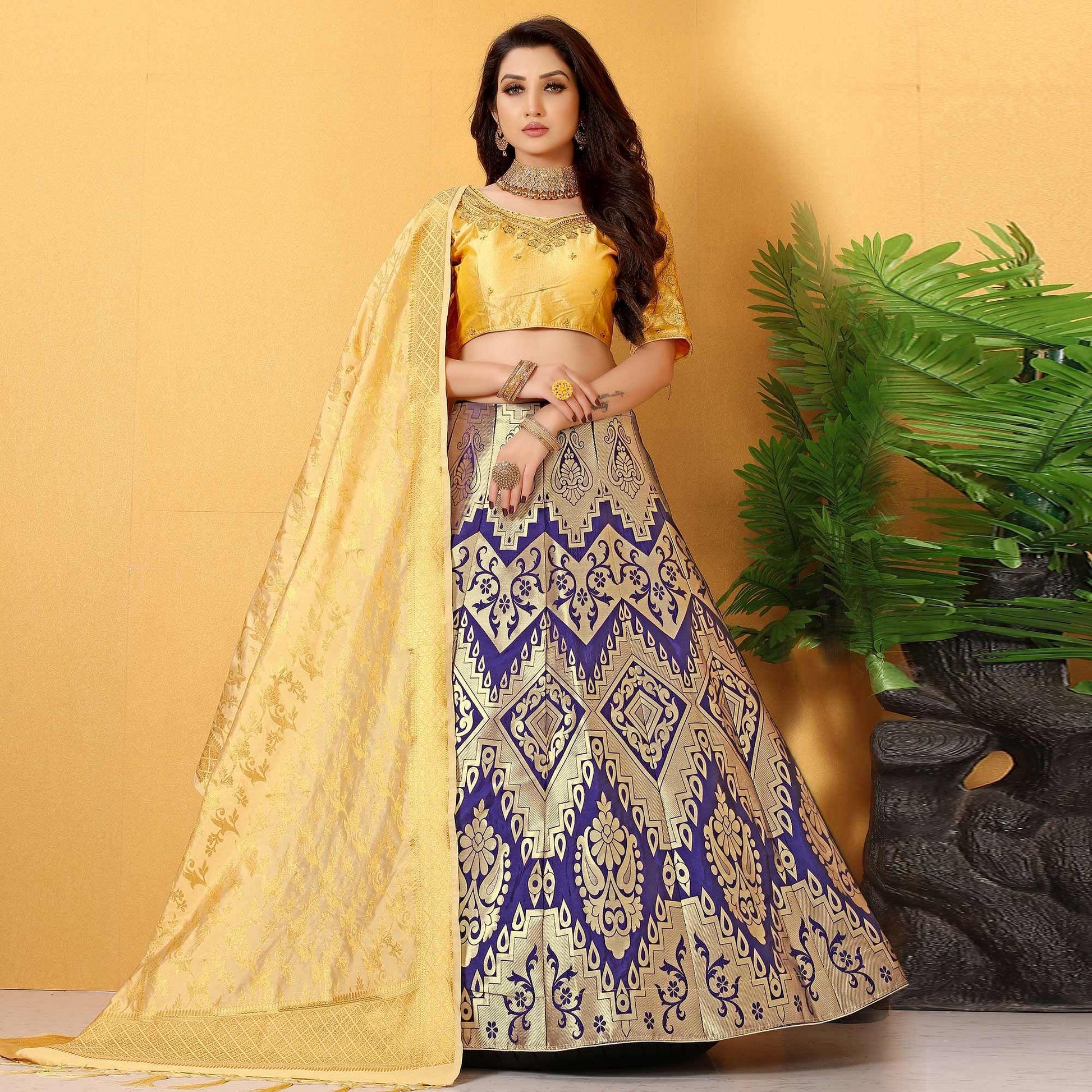 Blue-Yellow Meenakari Woven Banarasi Silk Lehenga Choli