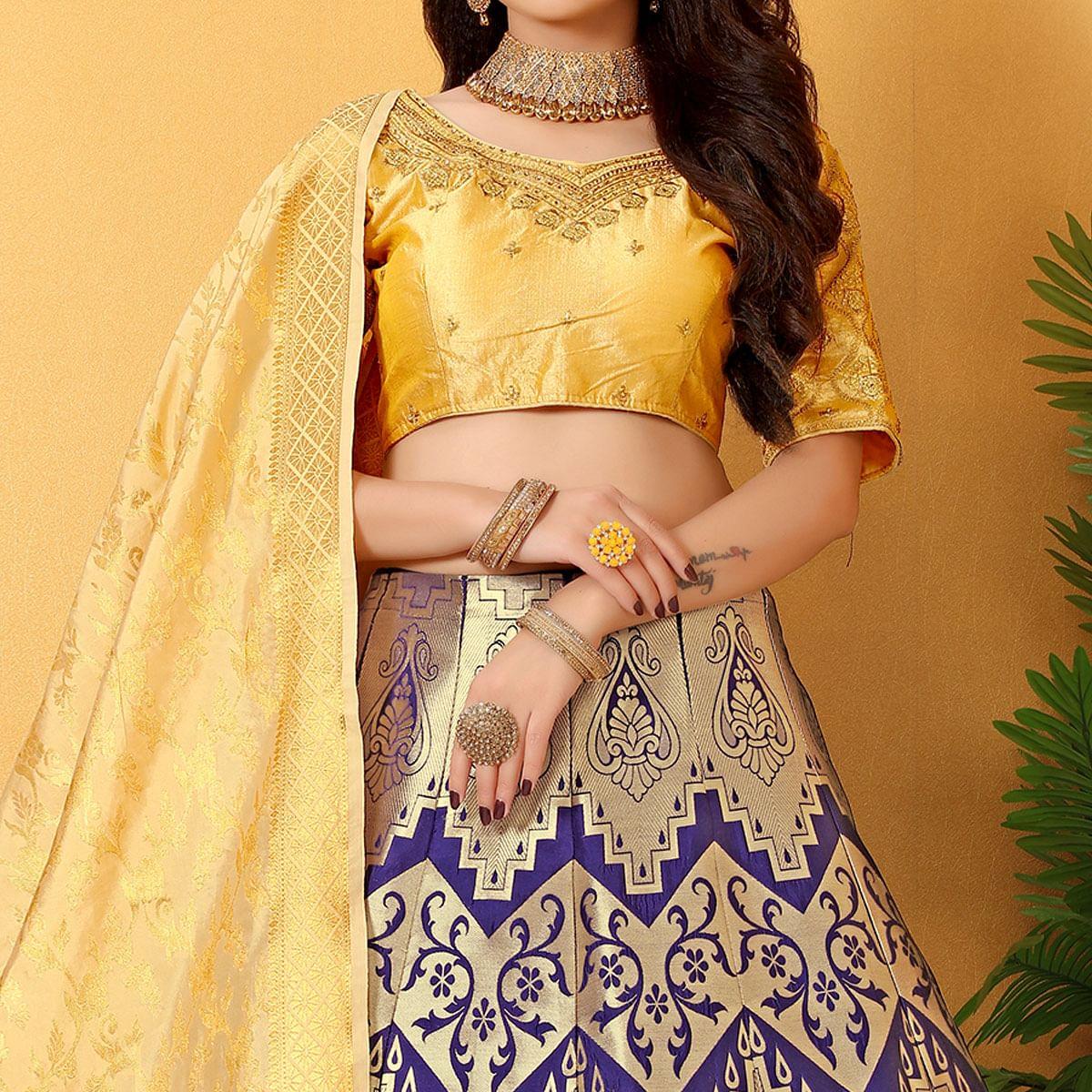 Blue-Yellow Meenakari Woven Banarasi Silk Lehenga Choli