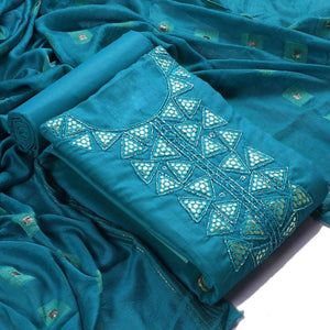 Blue Zardosi Embroidered Cotton Dress Material
