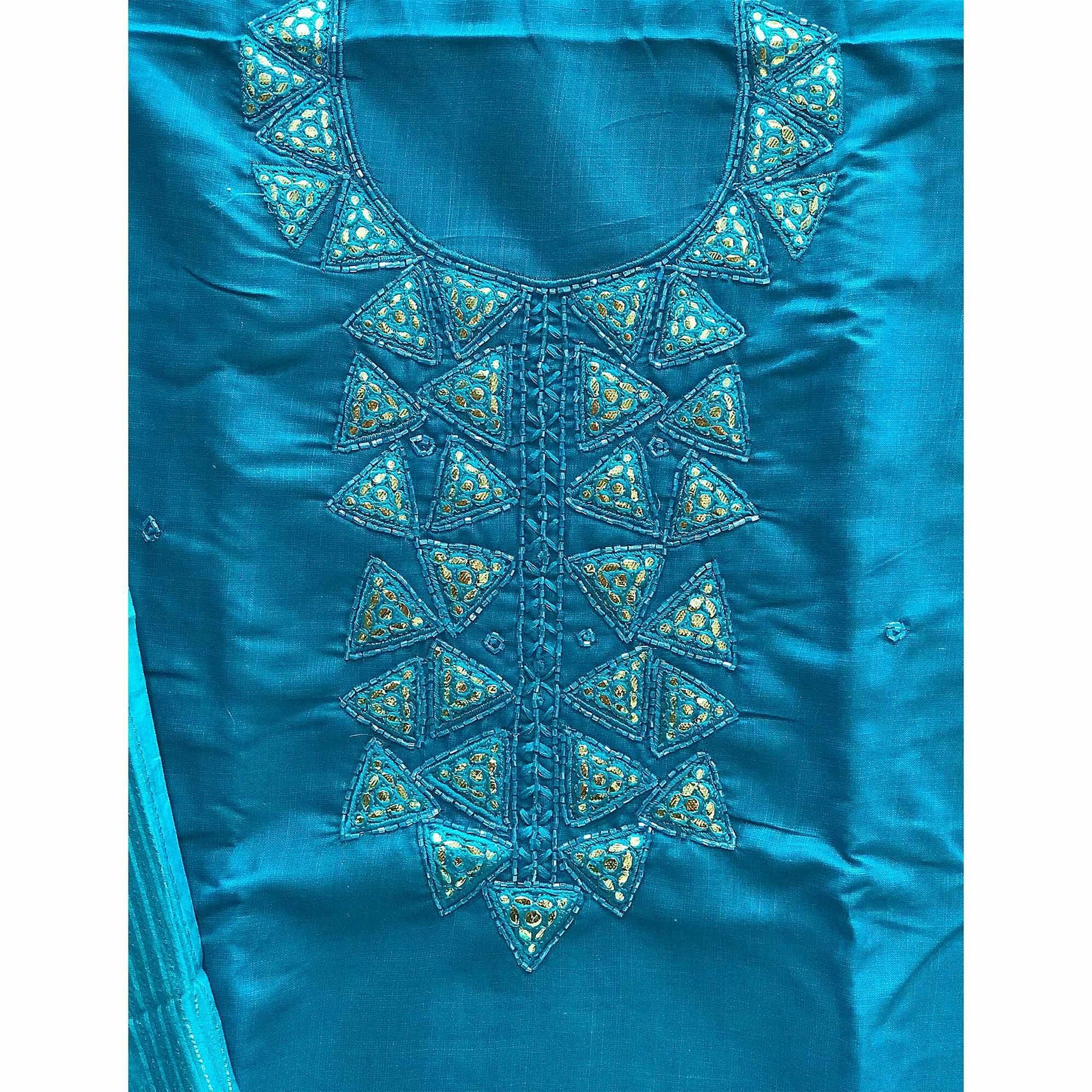 Blue Zardosi Embroidered Cotton Dress Material