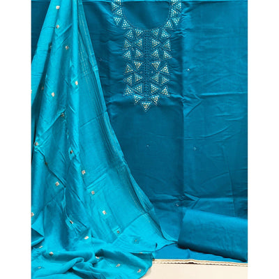 Blue Zardosi Embroidered Cotton Dress Material