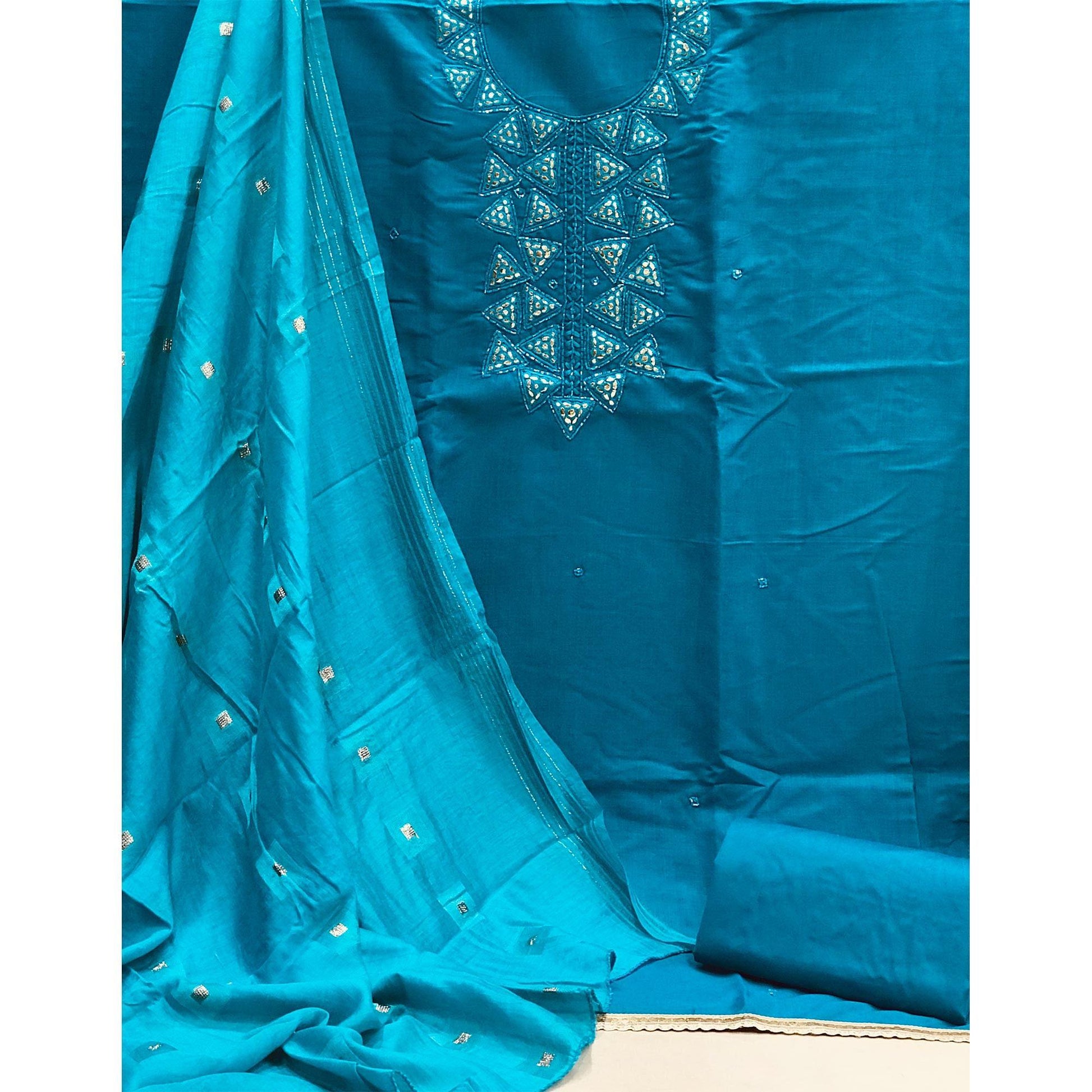 Blue Zardosi Embroidered Cotton Dress Material