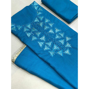 Blue Zardosi Embroidered Cotton Dress Material