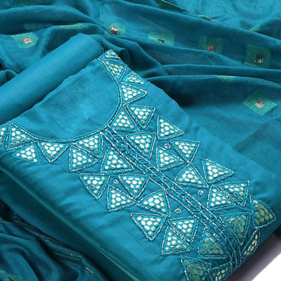 Blue Zardosi Embroidered Cotton Dress Material