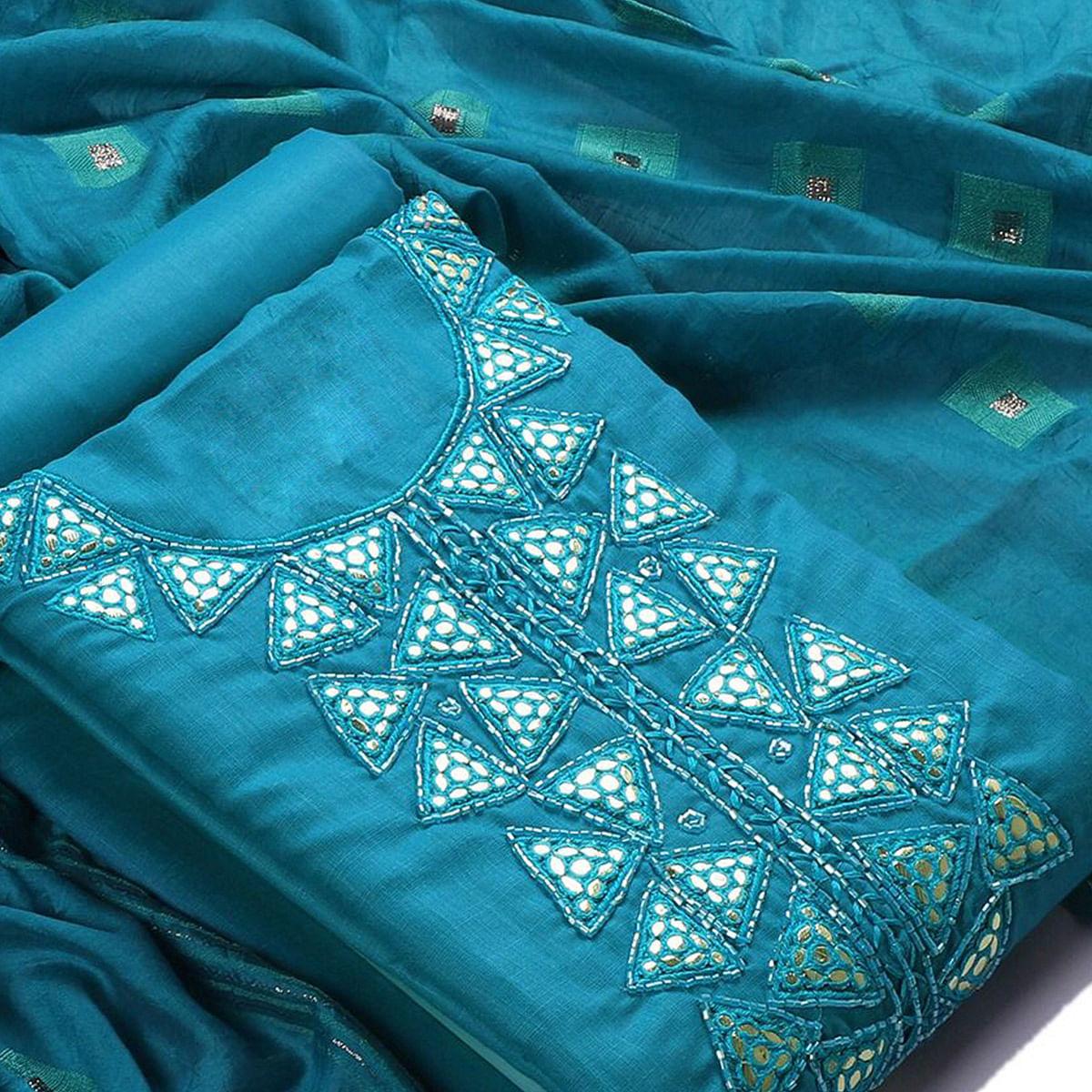 Blue Zardosi Embroidered Cotton Dress Material