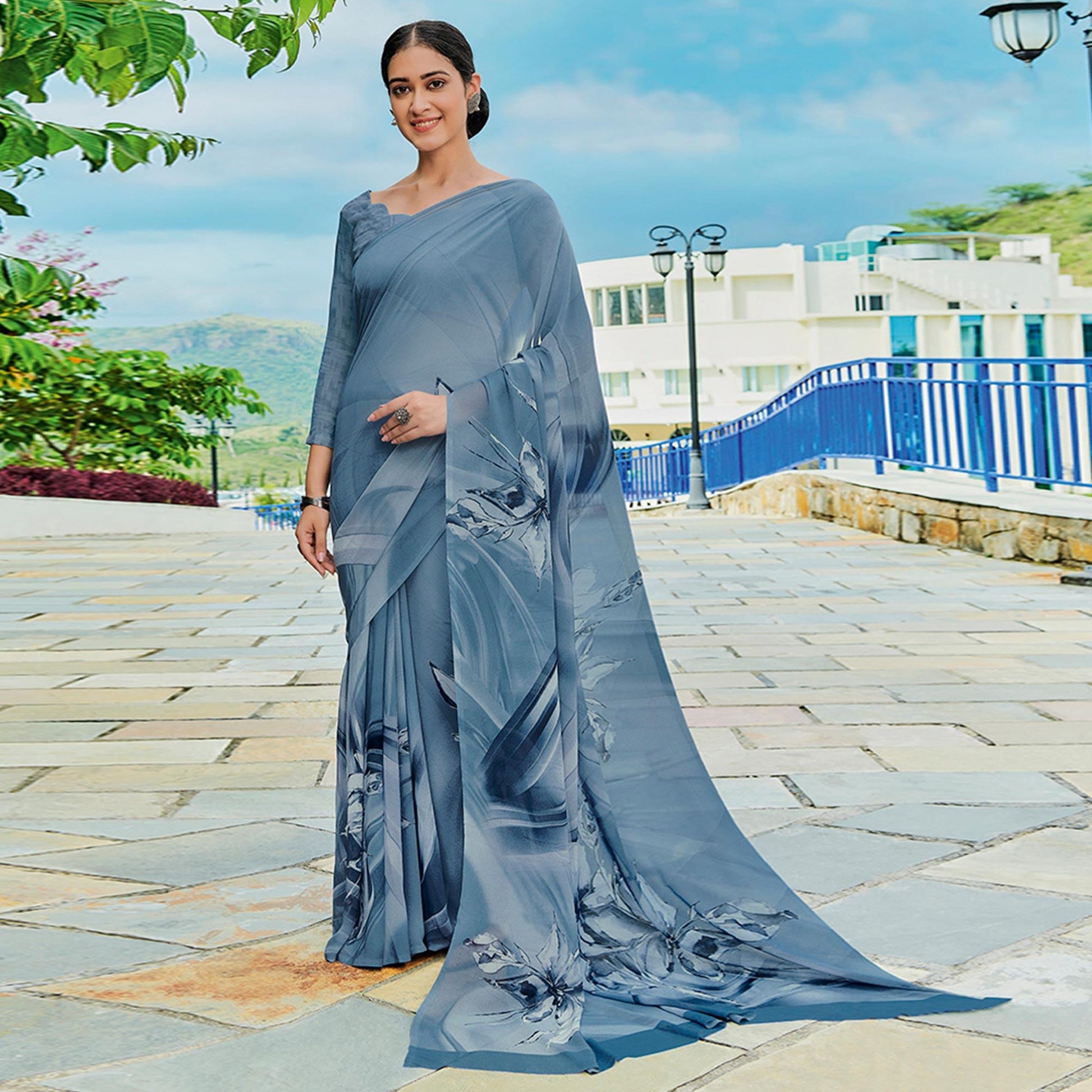 Bluish Grey Printed Georgette Saree
