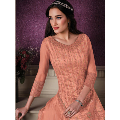 Blus Orange Floral Embroidery Designer Heavy Butterfly Net Partywear Suit