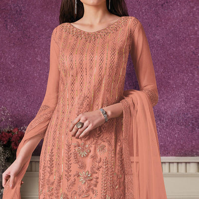 Blus Orange Floral Embroidery Designer Heavy Butterfly Net Partywear Suit