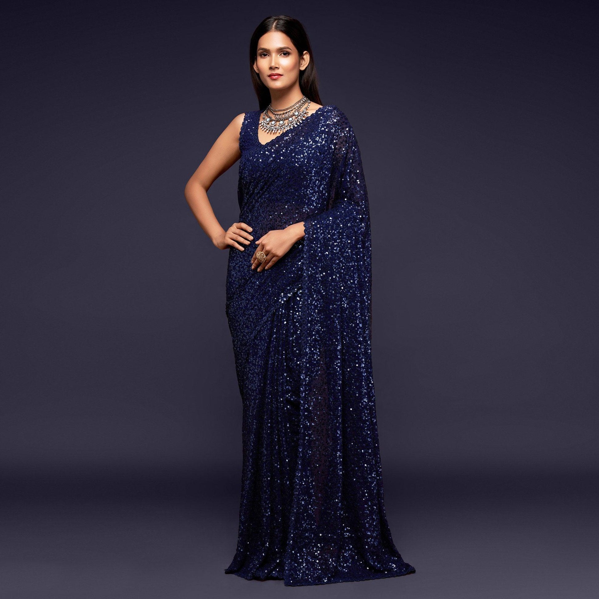 Blush Blue Partywear Thread & Sequins Embroidered Georgette Saree