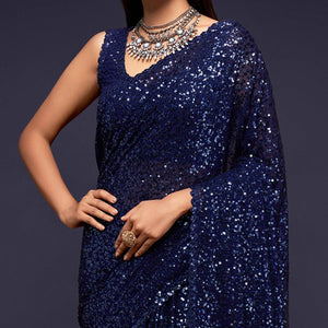 Blush Blue Partywear Thread & Sequins Embroidered Georgette Saree