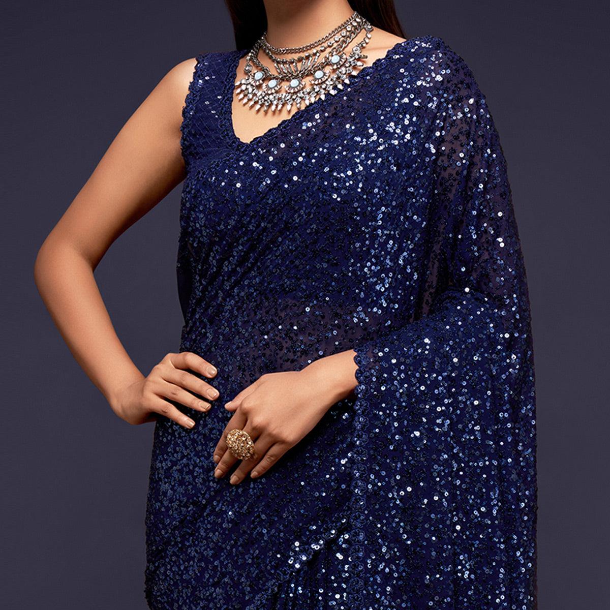 Blush Blue Partywear Thread & Sequins Embroidered Georgette Saree