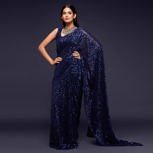 Blush Blue Partywear Thread & Sequins Embroidered Georgette Saree
