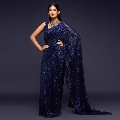 Blush Blue Partywear Thread & Sequins Embroidered Georgette Saree