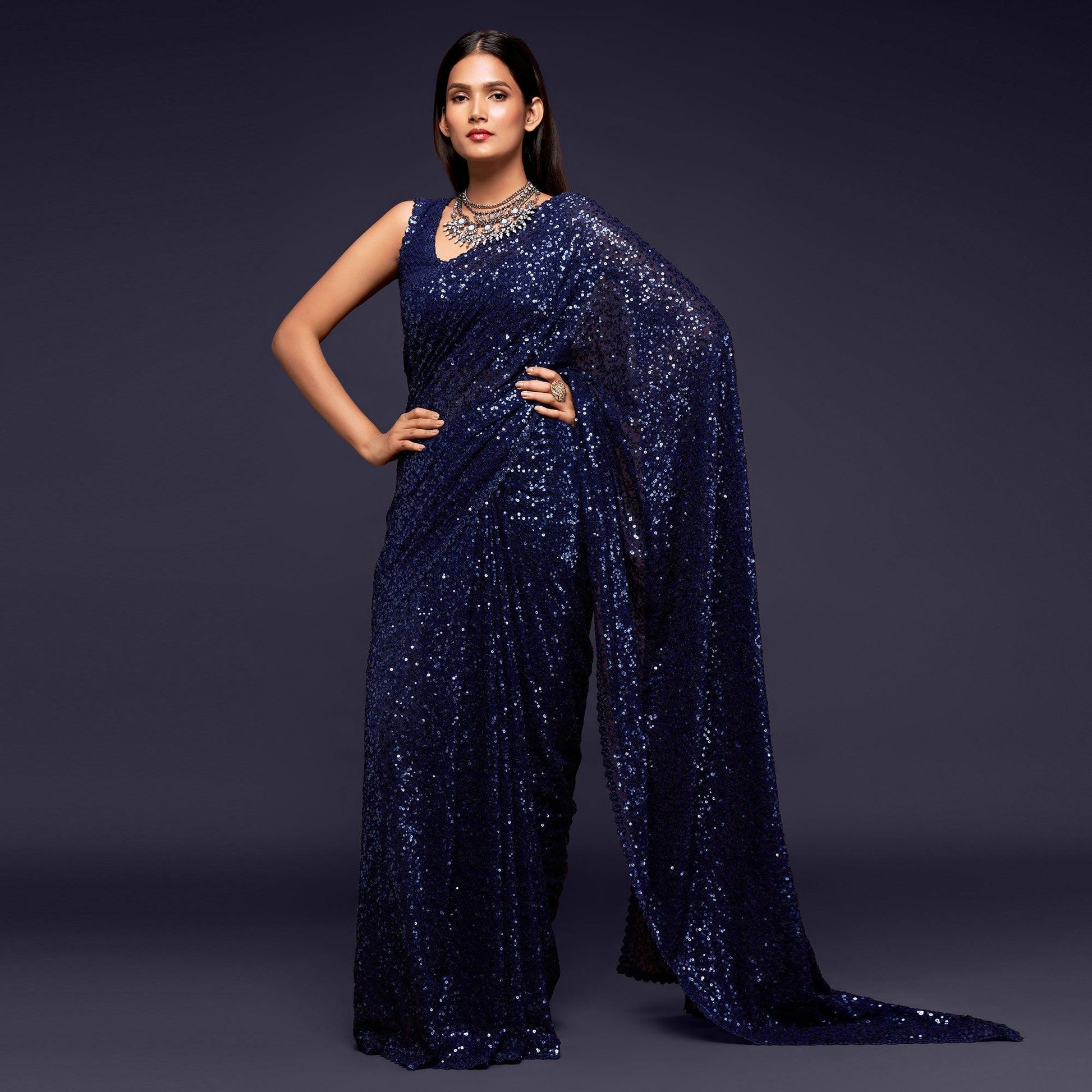 Blush Blue Partywear Thread & Sequins Embroidered Georgette Saree