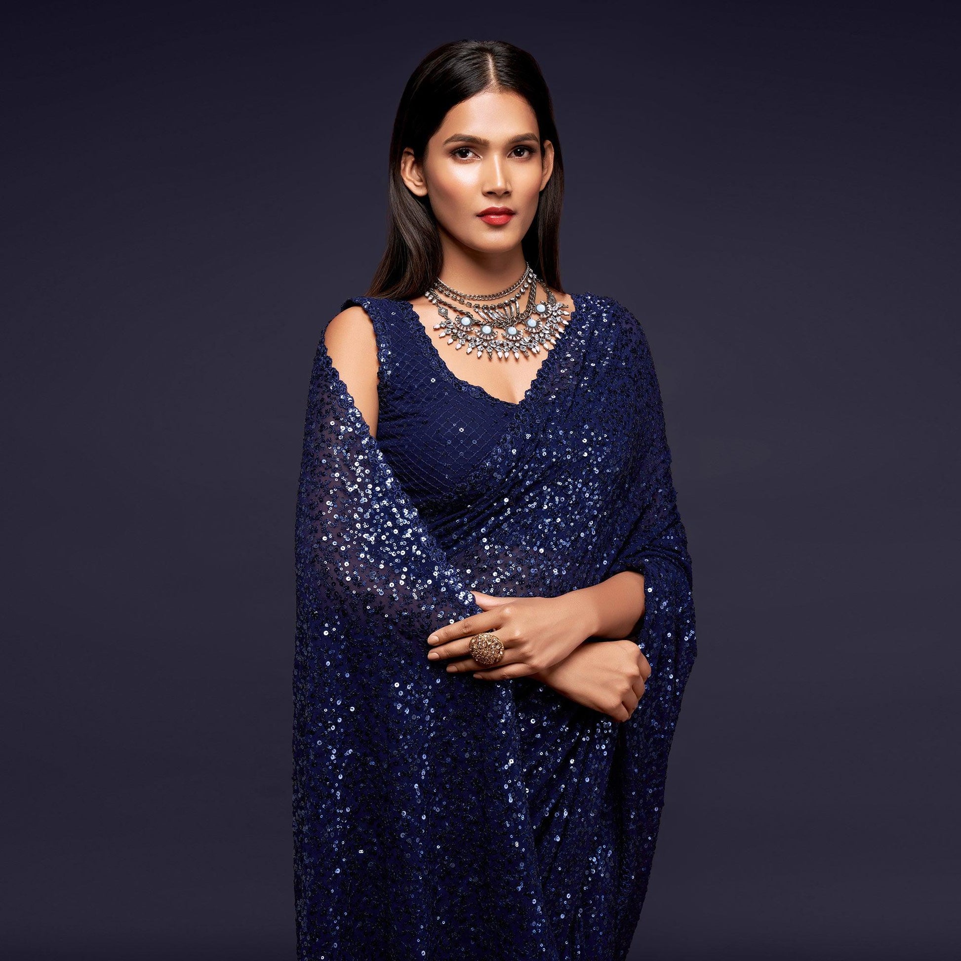 Blush Blue Partywear Thread & Sequins Embroidered Georgette Saree