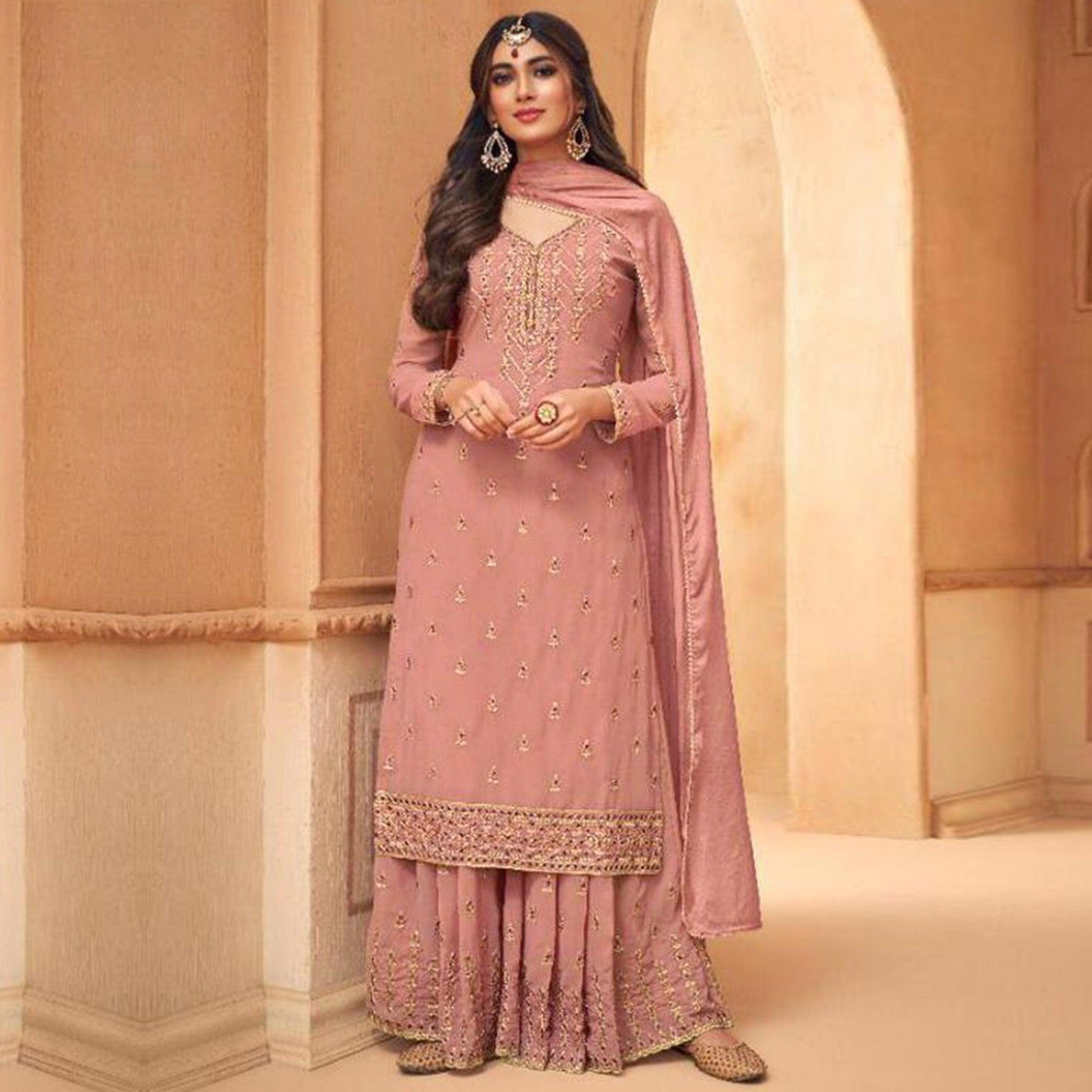Blush Partywear Designer Embroidery Heavy Faux Georgette  Salwar suit